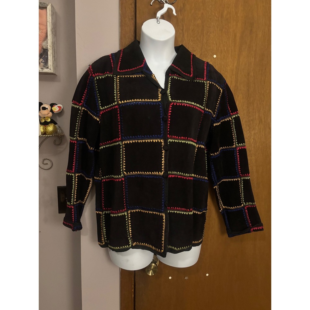 S M H Boutique Black Leather Jacket XL Colorful Embroidered Square Patchwork